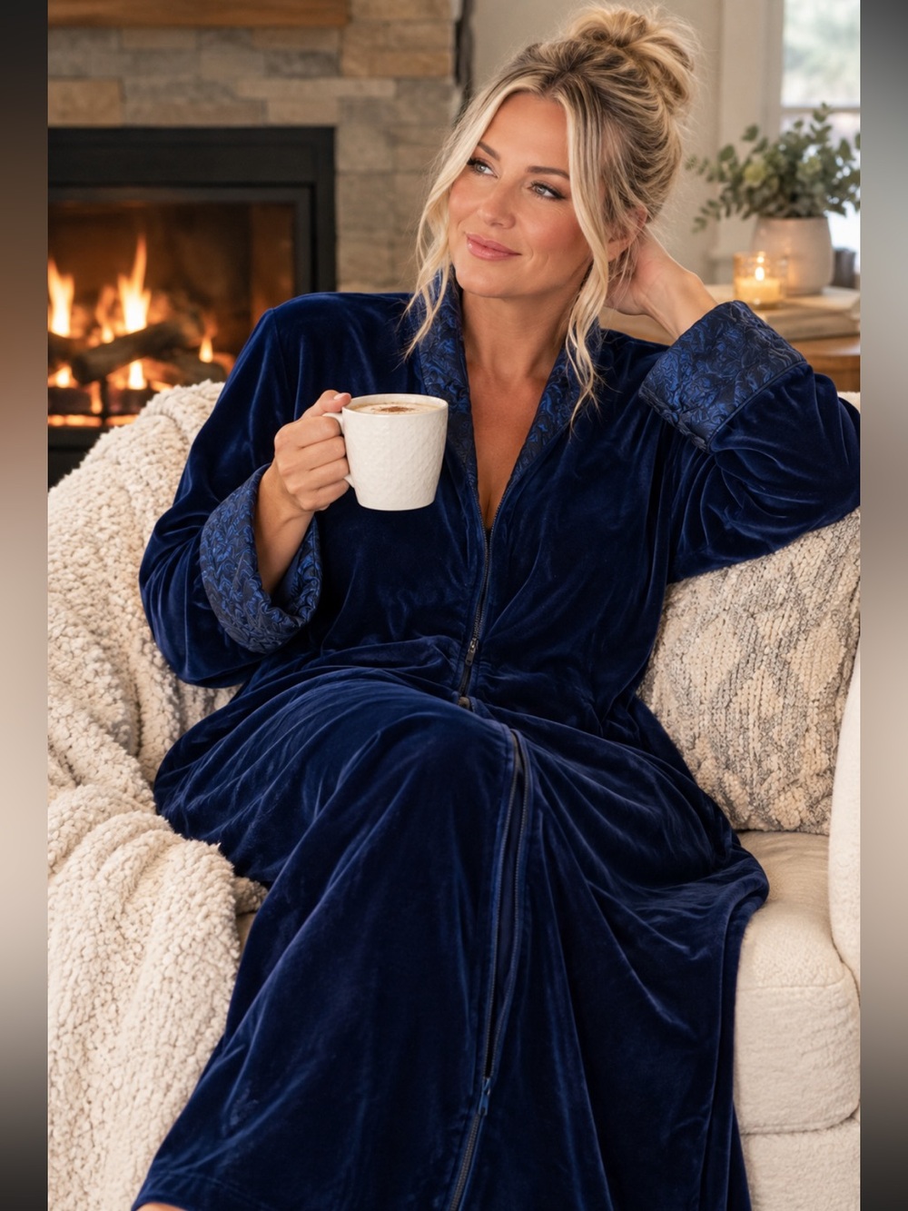 VTG Diamond Tea Velvet 3/4 Zip Robe Sapphire Blue Quilted Small